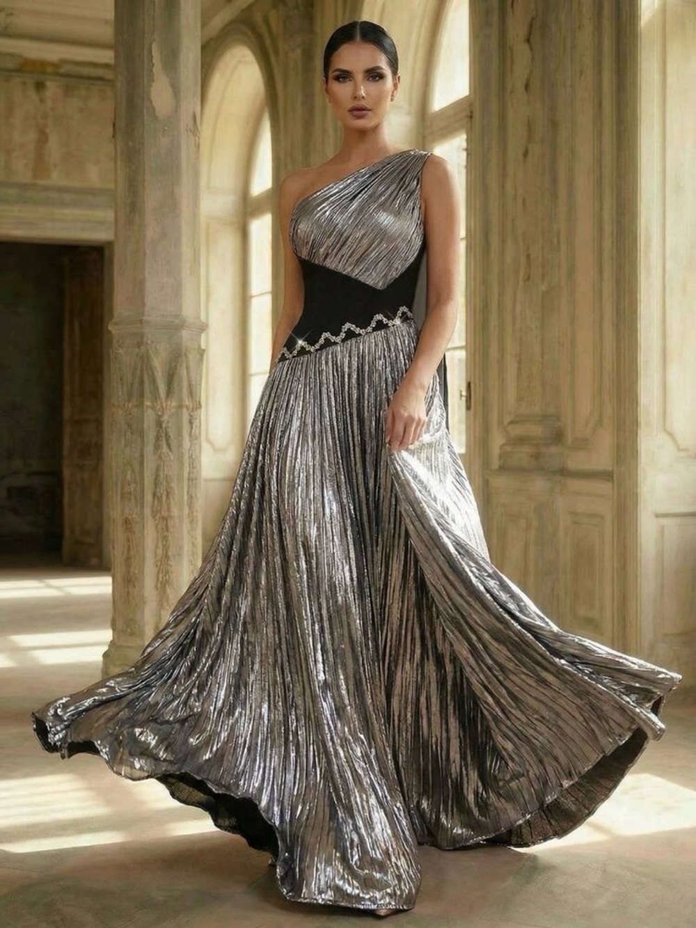 Aureia Black Silver Color Block Evening Gown Large